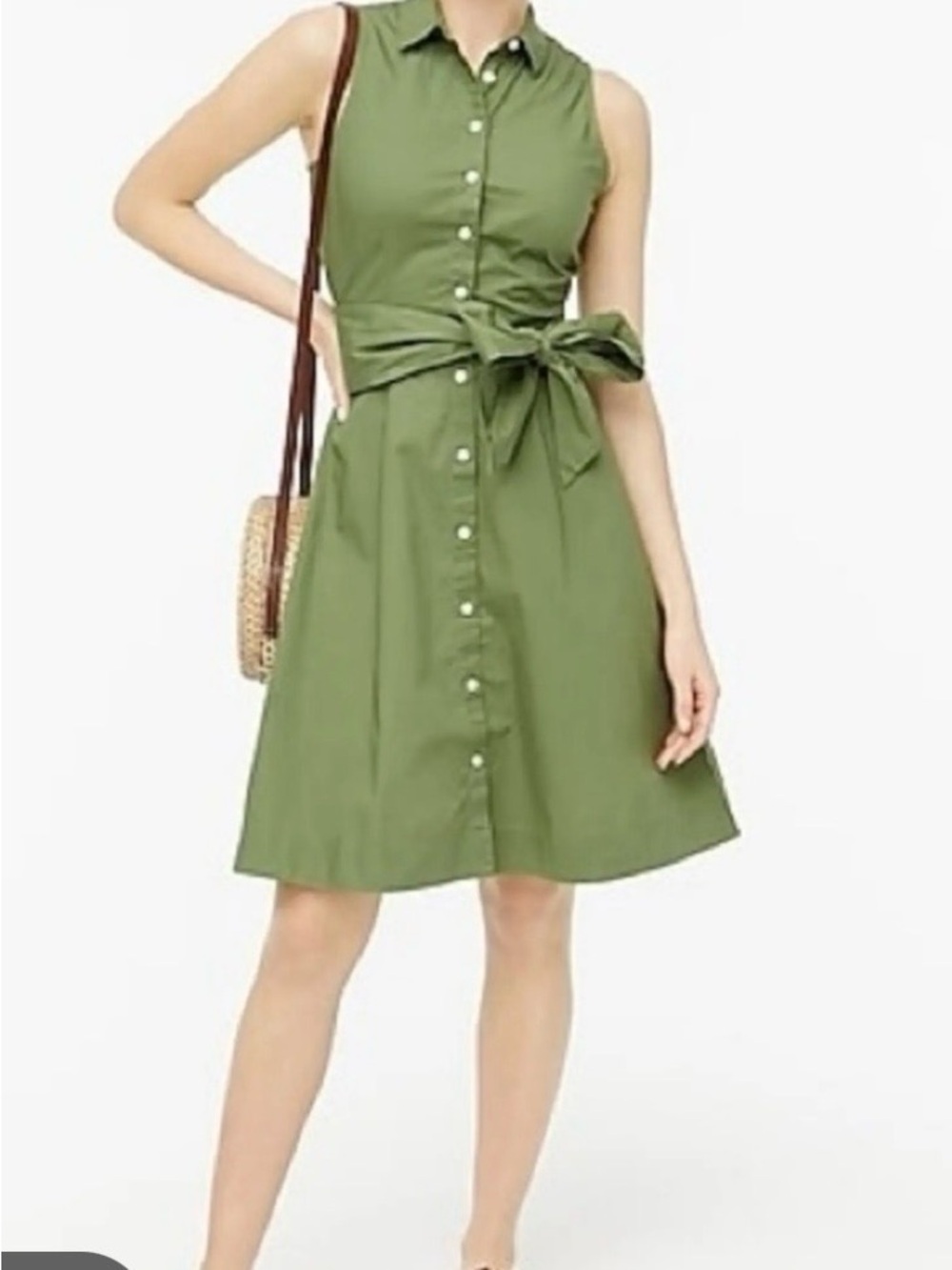 J. Crew Olive Sleeveless Button-Front Shirt Dress with Self-Tie
